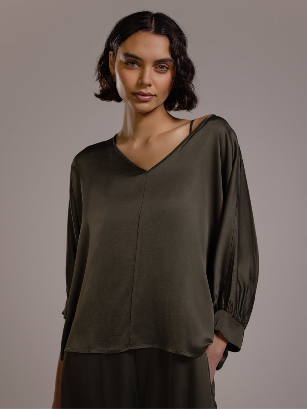 Jaki London - V-Neck Eliza Satin Blouse in “khaki” (olive) size S/M